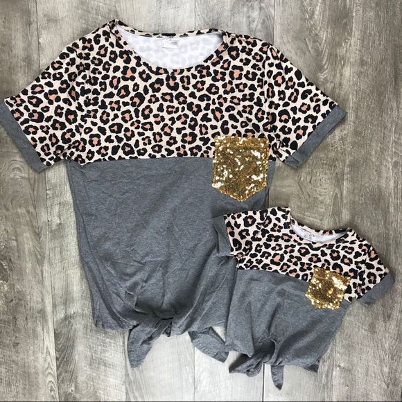 Other - Mom and Me grey leopard sequin tie front top